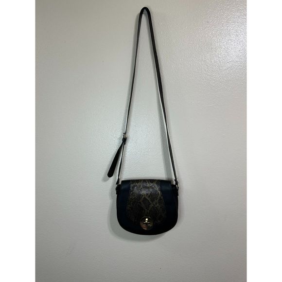 Neiman Marcus Crossbody Black and Gold Embossed Snakeskin Design Saddlebag Purse - Picture 2 of 8